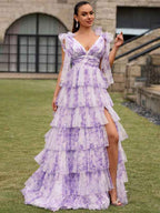 Lavender Floral A Line V Neck Long Pleated Prom Dress With Slit