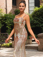 Sparkly Gold Mermaid Corset Sequin Spaghetti Strap Long Prom Dress