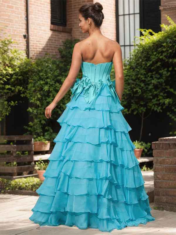 Blue Strapless A Line Long Prom Dress With Pleated Bodice And Slit