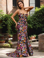 Black Floral Mermaid V-Neck Corset Long Prom Dress With Sequins