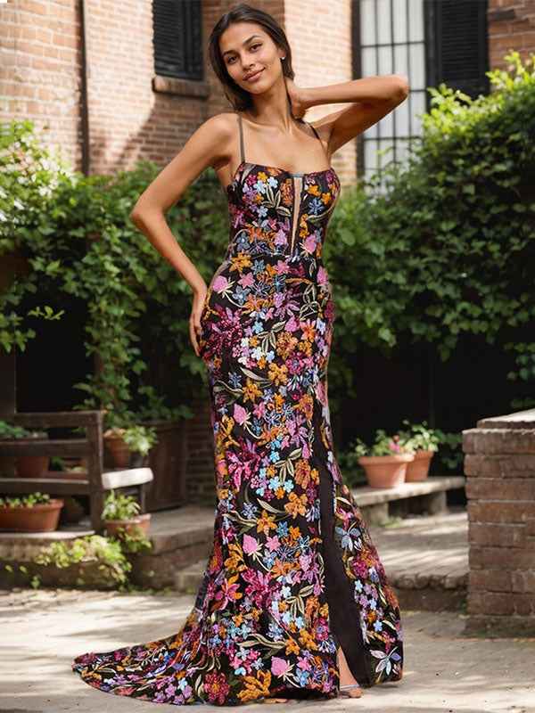 Black Floral Mermaid V-Neck Corset Long Prom Dress With Sequins