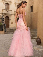Pink V-Neck Corset Mermaid Prom Dress Beaded Flare
