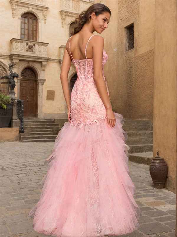 Pink V-Neck Corset Mermaid Prom Dress Beaded Flare