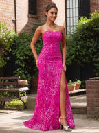 Elegant Fuchsia Strapless Sequin Gown With High Slit