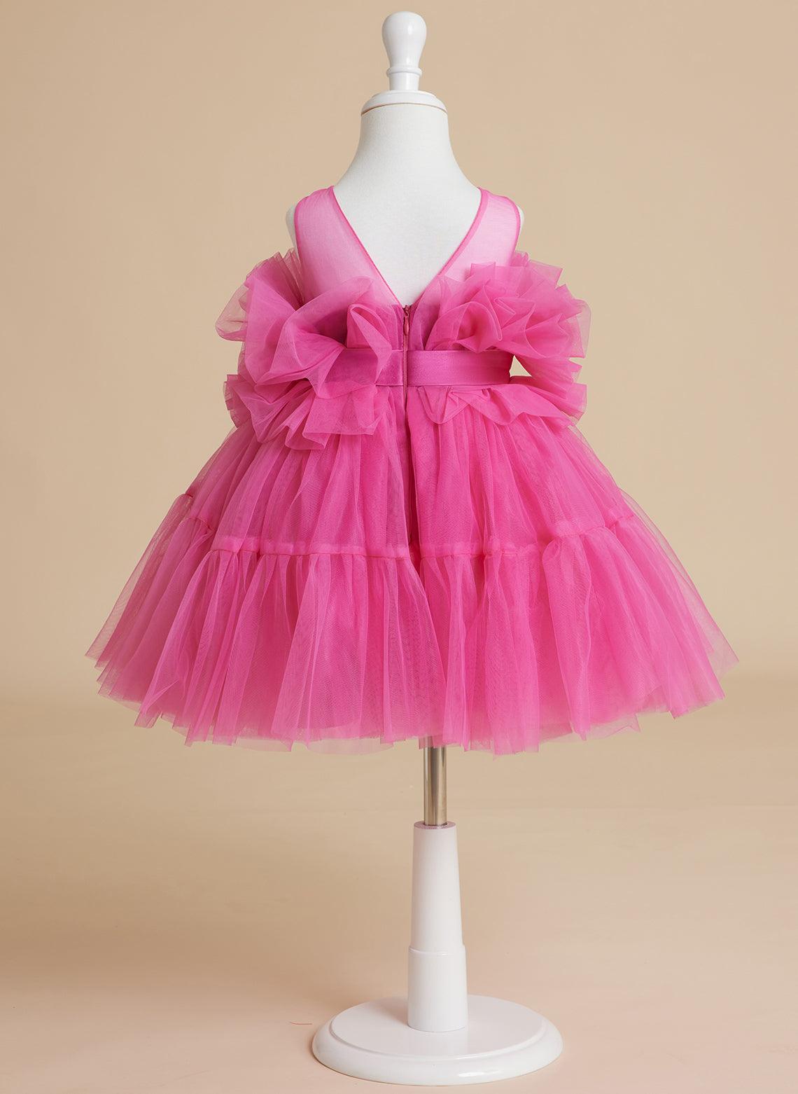 Pink Princess Tulle Flower Girl Dress With Bow And Scoop Neck Details
