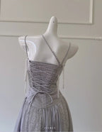 Vestido de Festa Roxo Elegante com Lantejoulas, Tule, Contas e Borlas, Modelo Linha A, Vestido de Noite Y8586