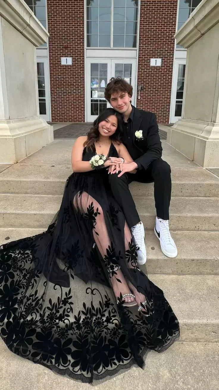 Robe de bal noire en ligne A à col en V Robe de soirée noire Y6517
