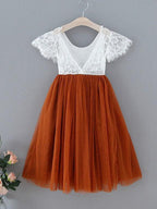 Lace Burnt Orange Boho Ankle Length Flower Girl Dress With Cap Sleeves