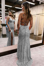 Orange Sequins Sheath Prom Dress With Spaghetti Straps And Criss Cross Back