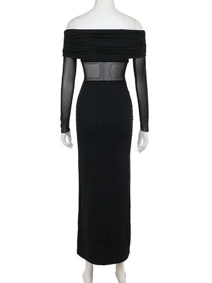 Long Sleeves Skinny Pleated See-Through Solid Color Split-Joint Off-The-Shoulder Evening Dresses Maxi Dresses
