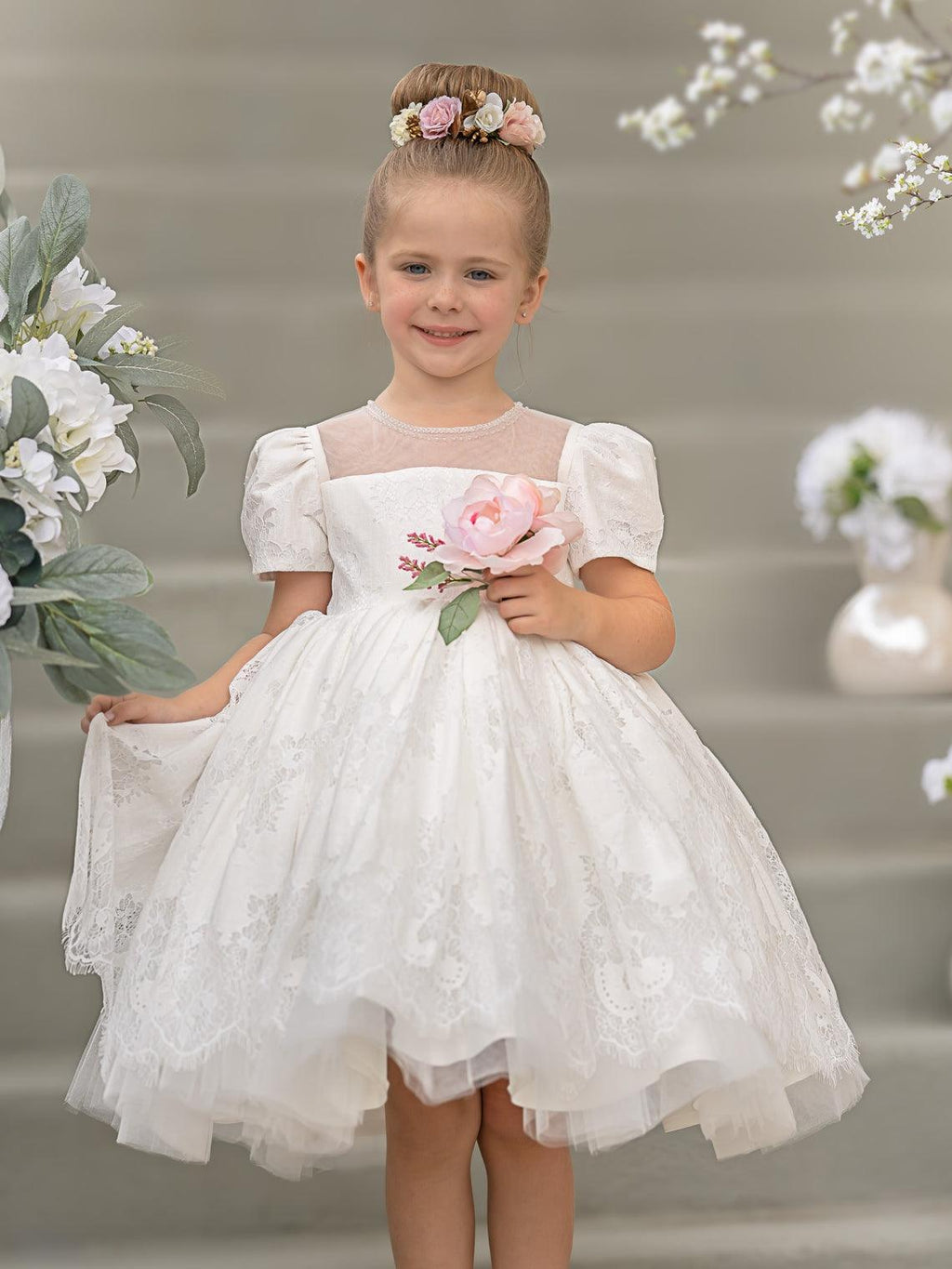 Lace First Communion Flower Girl Dress With Beading And Zip Back Scoop Neck