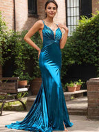 Metallic Mermaid Prom Dress Keyhole V Neck Ruched Back