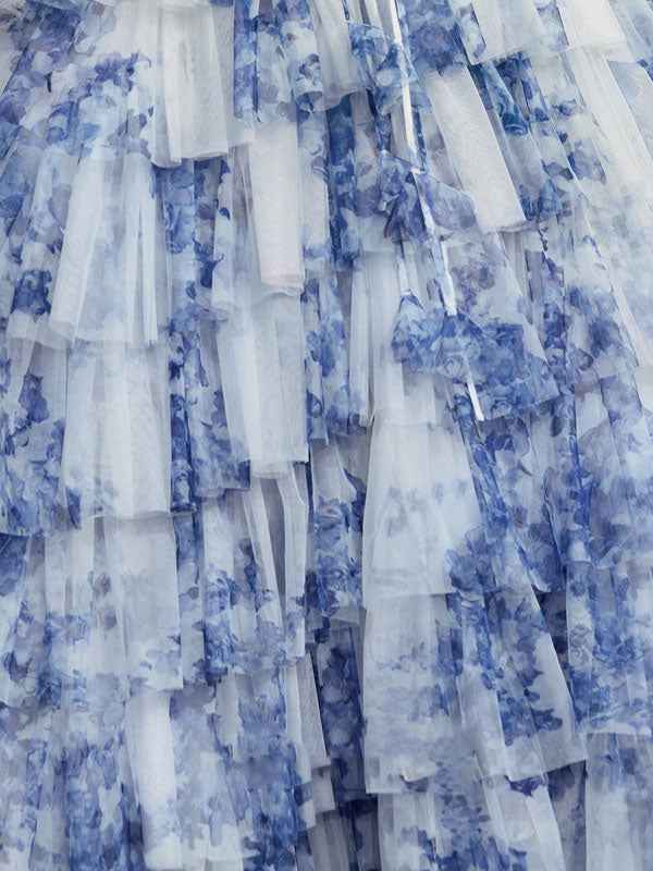 Blue Floral A Line V Neck Pleated Prom Dress With Slit And Tulle Layers