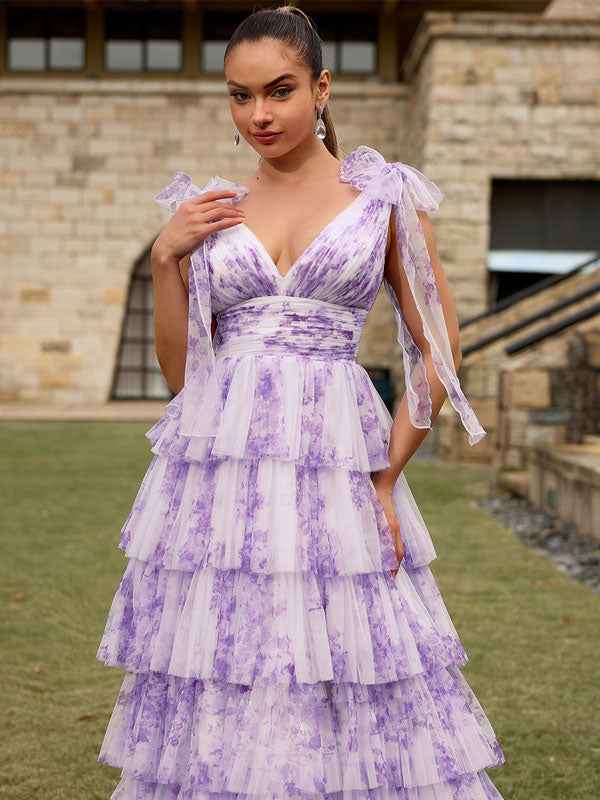 Lavender Floral A Line V Neck Long Pleated Prom Dress With Slit