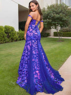 Royal Blue Sequined Off Shoulder Long Prom Dress With Slit