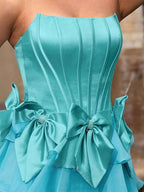 Blue Strapless A Line Long Prom Dress With Pleated Bodice And Slit