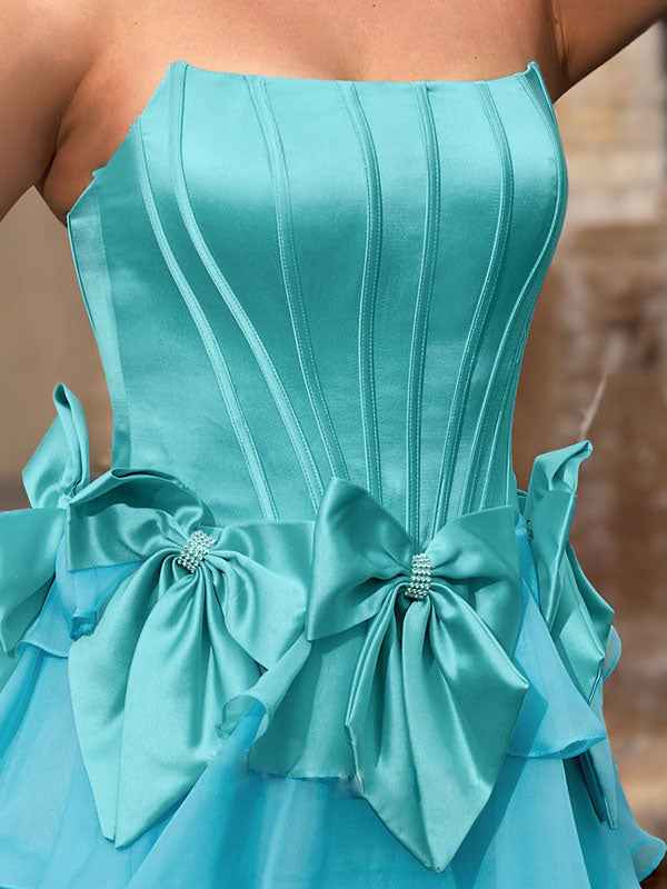 Blue Strapless A Line Long Prom Dress With Pleated Bodice And Slit