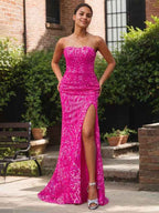 Elegant Fuchsia Strapless Sequin Gown With High Slit