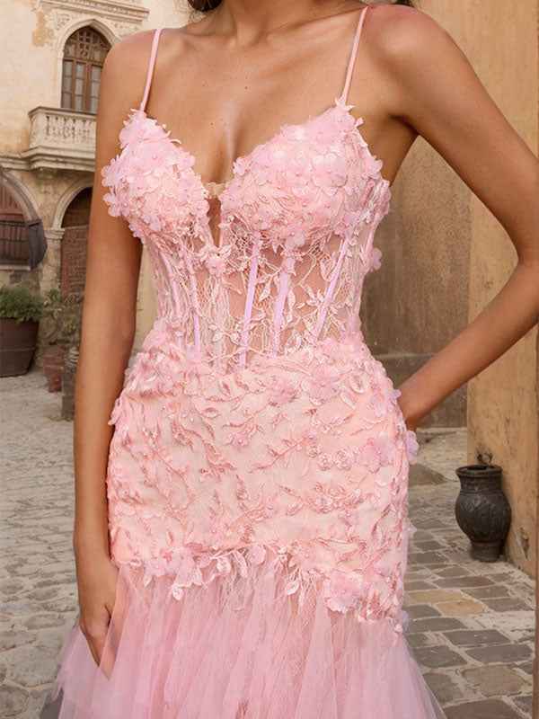 Pink V-Neck Corset Mermaid Prom Dress Beaded Flare