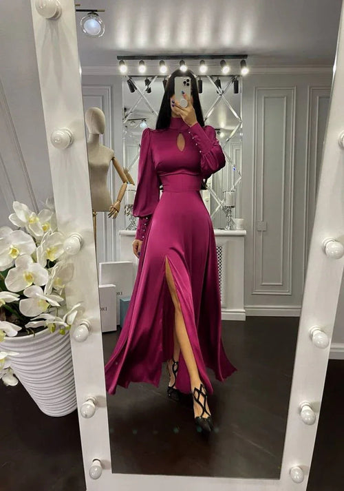 Abito lungo da sera con maniche a sbuffo a linea ad A e spacco Y7015