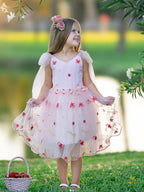 Pink Tulle Knee Length Strawberry Embroidery Flower Girl Dress