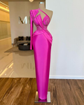 Custom Long Sleeve One Shoulder Pleated Appliques Evening Prom Dress