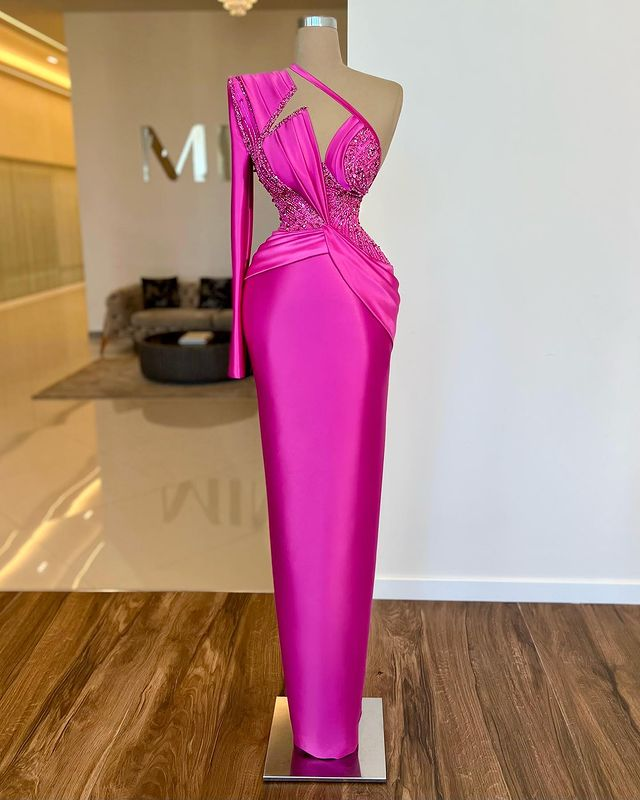 Custom Long Sleeve One Shoulder Pleated Appliques Evening Prom Dress