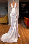 Halter Deep V Neck Sleeveless Mermaid Long Prom Dress With Ruffles In 70 Colors
