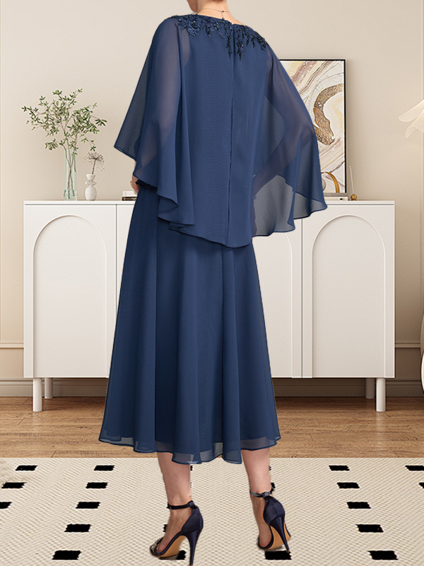 Robe de mère de la mariée en dentelle de mousseline, longueur thé, en ligne A, col en V, ornée de perles et de paillettes