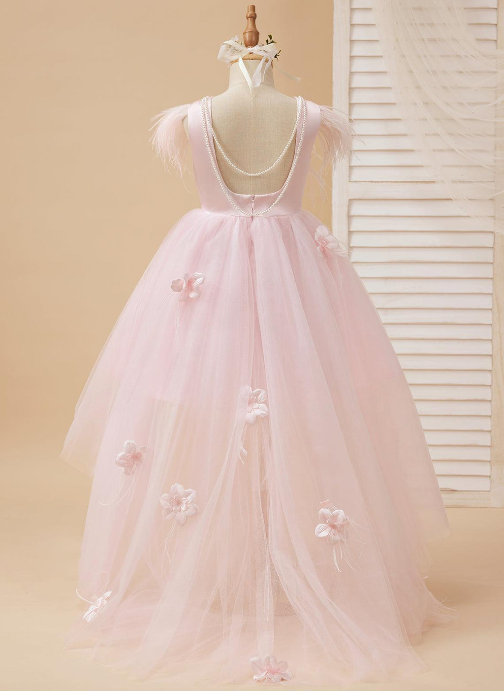 Princess Sleeveless Tulle Flower Girl Dress With Beading And Feather Bow