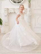 Ivory Lace Tulle First Communion Flower Girl Dress With Detachable Train