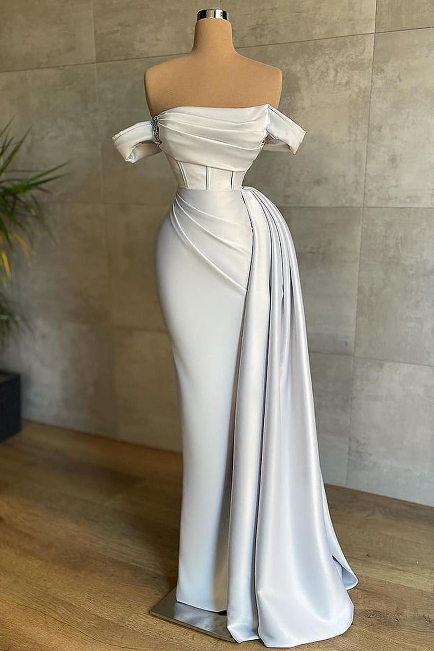 White Off The Shoulder Mermaid Long Prom Dress Pleated Gown
