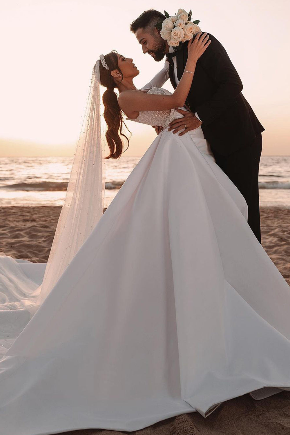 One Shoulder A Line Long Wedding Dress With Sequins