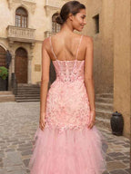 Pink V-Neck Corset Mermaid Prom Dress Beaded Flare