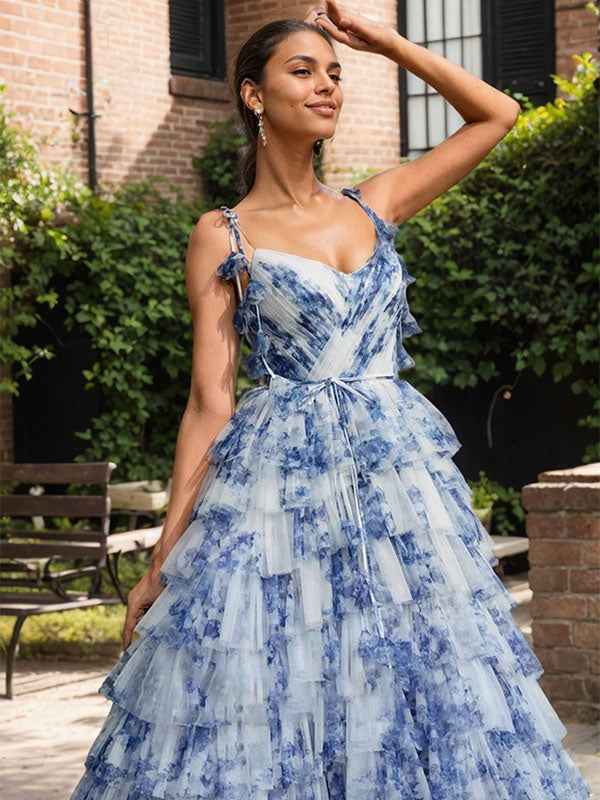 Blue Floral A Line V Neck Pleated Prom Dress With Slit And Tulle Layers