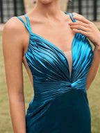 Metallic Mermaid Prom Dress Keyhole V Neck Ruched Back