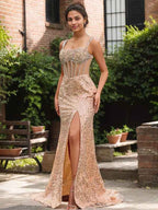 Sparkly Gold Mermaid Prom Dress With Sequin Beading High Slit