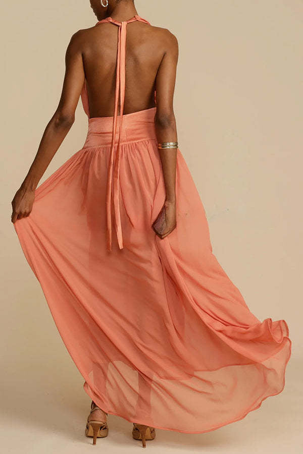 Femininity and Elegance Tulle Halter Neck Backless Maxi Dress