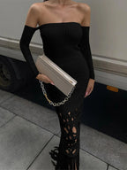 TARUXY Knitted Tassel Maxi Dresses For Women Hollow Out Sexy Bodycon Dress Women's Off The Shoulders Elegant Evening Dress Woman