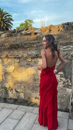 Abito da sera rosso con volant sexy, senza schienale, lungo, da festa Y7474