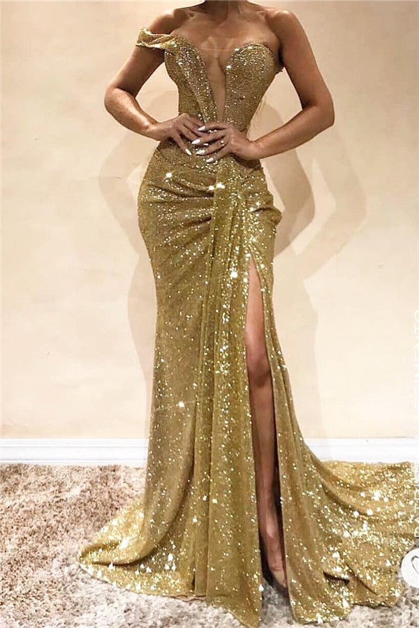 Gold One Shoulder Sequin Prom Dress Floor Length Slit