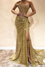 Gold One Shoulder Sequin Prom Dress Floor Length Slit