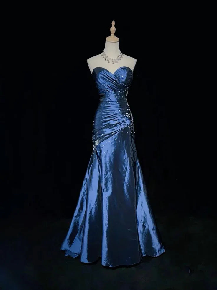 Vestido de Noite Azul Sereia Sem Alças com Contas, Decote Coração, Cetim, Vestido de Baile Y7928