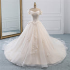Off The Shoulder Tulle Princess Long Wedding Dress With Appliques Lace