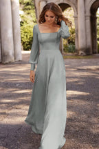 Square Neckline A Line Long Sleeve Wedding Dress For Elegant Bridal