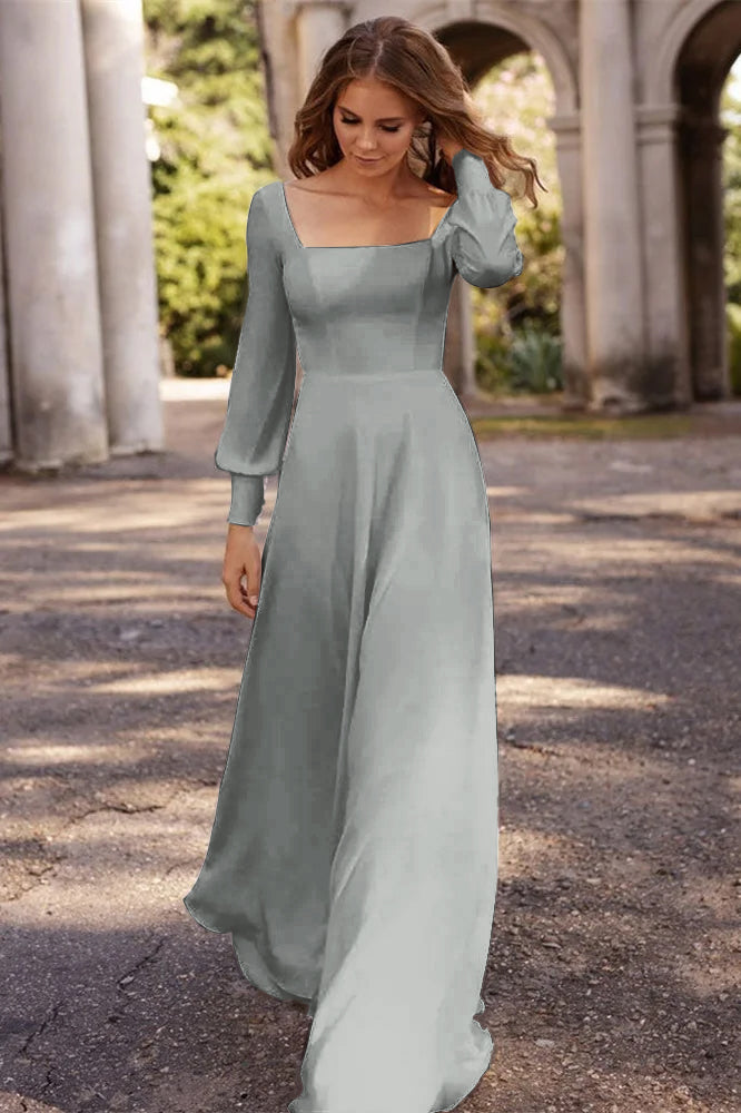 Square Neckline A Line Long Sleeve Wedding Dress For Elegant Bridal