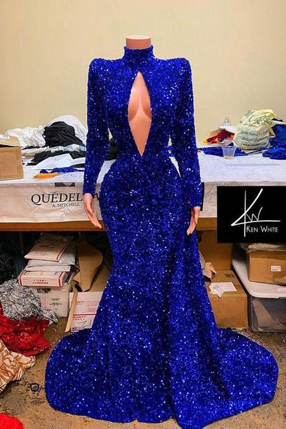 Regal Sapphire Sequined Mermaid Prom Dress with High Neck and Long Sleeves