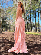 Blush Mermaid Spaghetti Strap Chiffon Gown With Ruffles