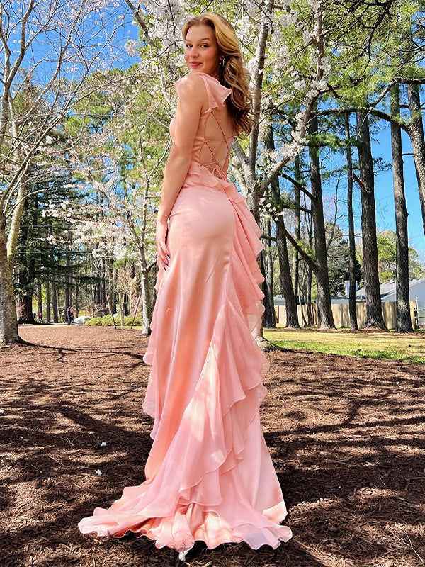 Blush Mermaid Spaghetti Strap Chiffon Gown With Ruffles