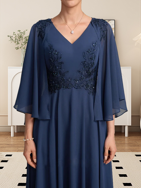 Robe de mère de la mariée en dentelle de mousseline, longueur thé, en ligne A, col en V, ornée de perles et de paillettes